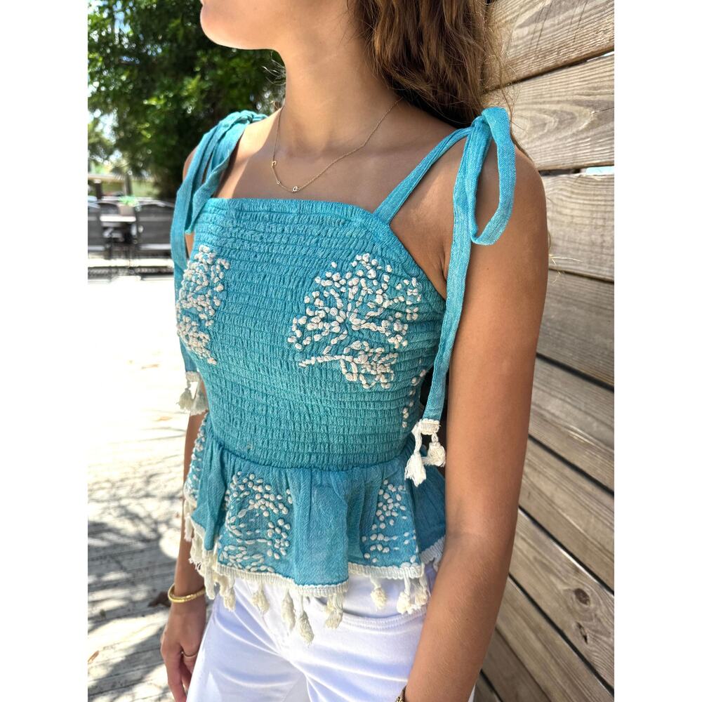Seaside Bloom Smocked Embroidered Tie Strap Peplum Top NWT
